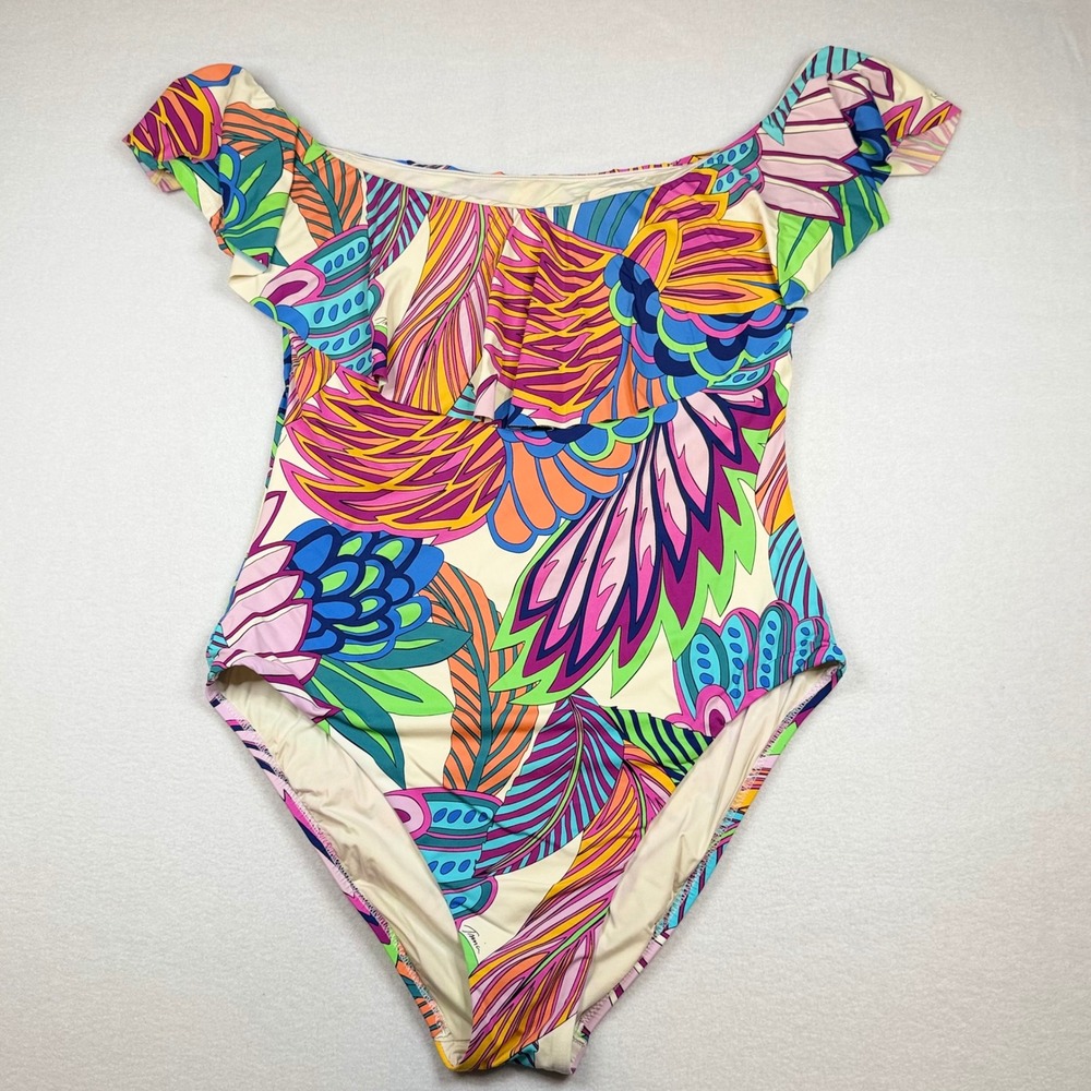 Womens Multi Color Floral Ruffle Off Shoulder One Piece Swimsuit 14